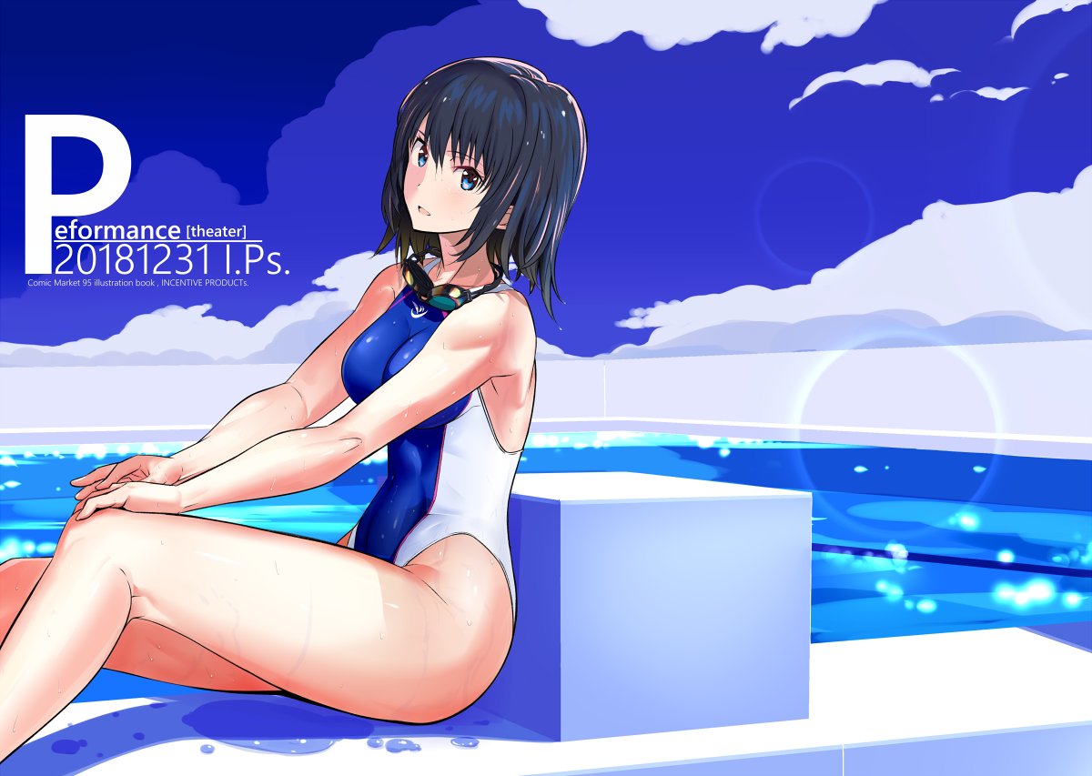 1girl barefoot black_hair blue_eyes blue_sky breasts cloud commentary_request competition_swimsuit day feet_out_of_frame goggles goggles_around_neck hands_on_own_knees highleg highleg_swimsuit lens_flare looking_at_viewer medium_breasts one-piece_swimsuit original outdoors pool sakuraidai short_hair sitting sky solo starting_block swimsuit two-tone_swimsuit wet wet_clothes wet_swimsuit