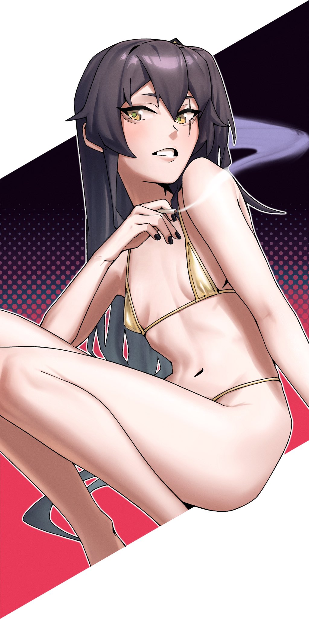 1girl bikini black_nails breasts brown_hair cigarette emile_aoi english_commentary girls'_frontline gold_bikini highres holding holding_cigarette long_hair looking_at_viewer micro_bikini navel one_side_up parted_lips scar scar_across_eye simple_background sitting small_breasts solo swimsuit ump45_(girls'_frontline) yellow_eyes