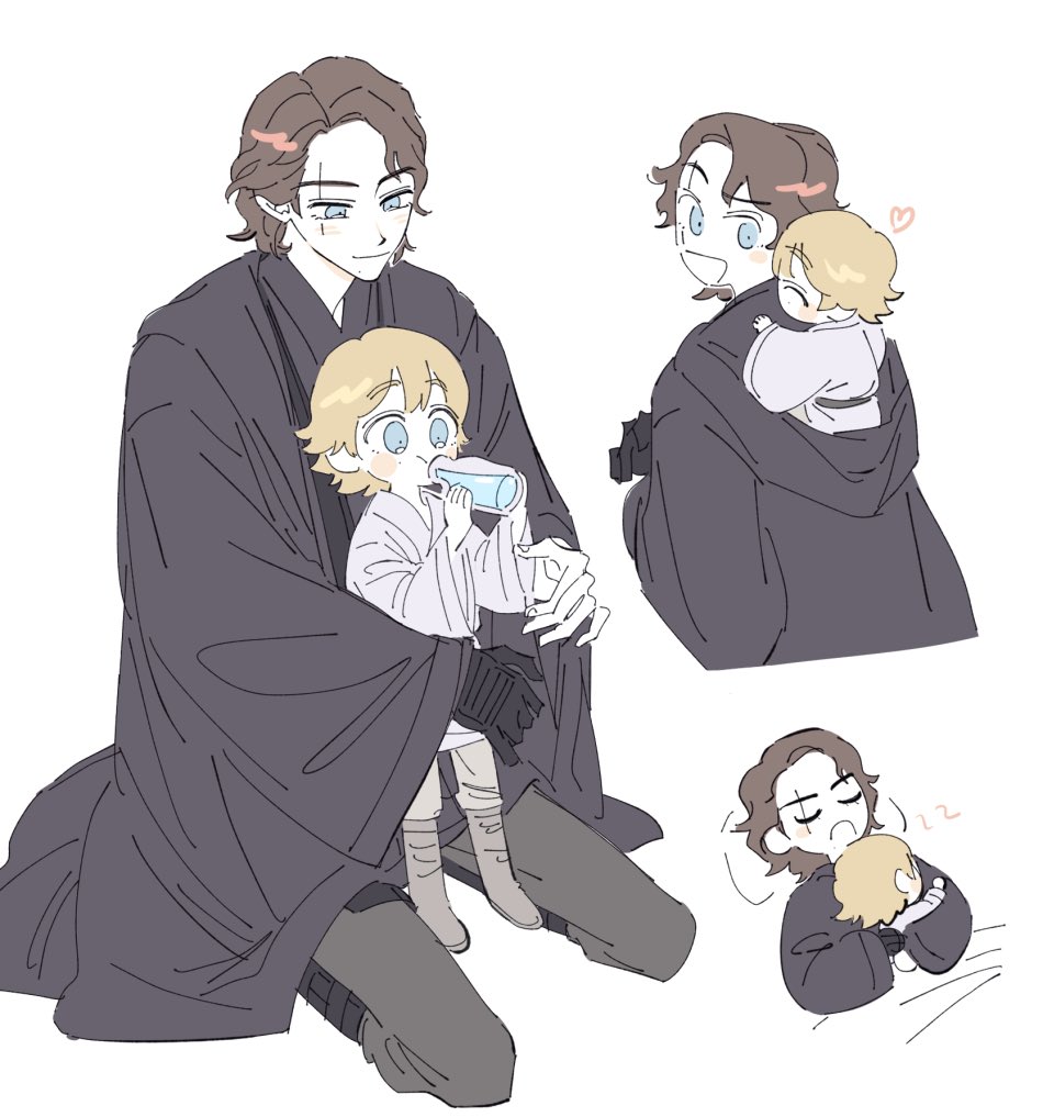 2boys anakin_skywalker blonde_hair blue_eyes boots father_and_son heart jedi luke_skywalker milk multiple_boys scar scar_across_eye simple_background skdlfjgrp sleeping star_wars star_wars:_a_new_hope star_wars:_revenge_of_the_sith white_background