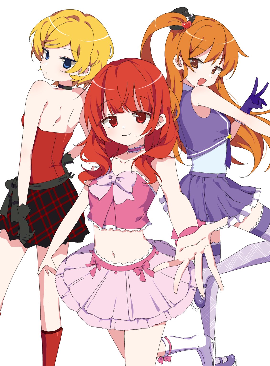 3girls :d amamiya_rizumu bare_back bare_shoulders black_skirt blonde_hair blue_eyes breasts brown_eyes commentary_request cropped_shirt gloves hair_ornament harune_aira hat heart heart_hair_ornament highres ice_skates idol_clothes jacket long_hair looking_at_viewer midriff mini_hat miniskirt multiple_girls one_side_up open_mouth orange_hair pink_shirt pink_skirt plaid plaid_skirt pretty_rhythm pretty_rhythm_aurora_dream pretty_series purple_footwear purple_gloves purple_jacket purple_skirt purple_thighhighs red_eyes red_hair red_shirt shirt shoes short_hair simple_background skates skirt small_breasts smile standing standing_on_one_leg takamine_mion thighhighs v white_background yunomikuchi
