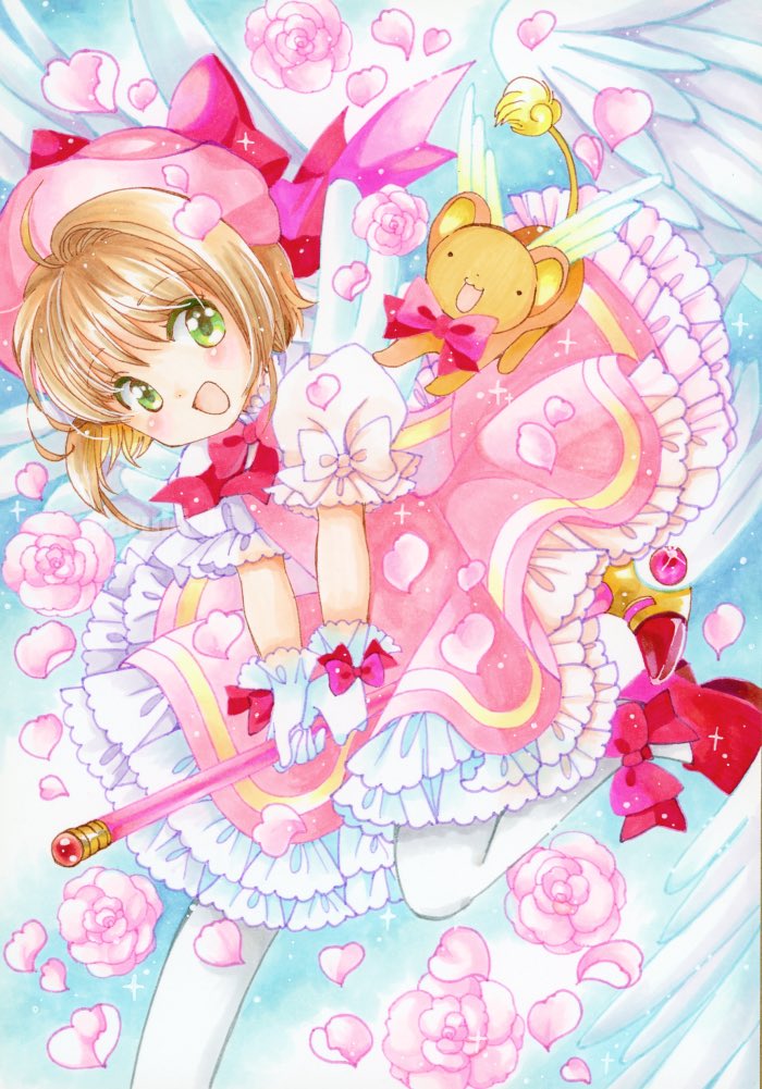 1girl blush brown_hair cardcaptor_sakura dress flower flying gloves green_eyes kero_(cardcaptor_sakura) kinomoto_sakura looking_at_viewer magical_girl naruki open_mouth petals pink_dress pink_flower pink_hair short_hair smile solo wand white_gloves wings