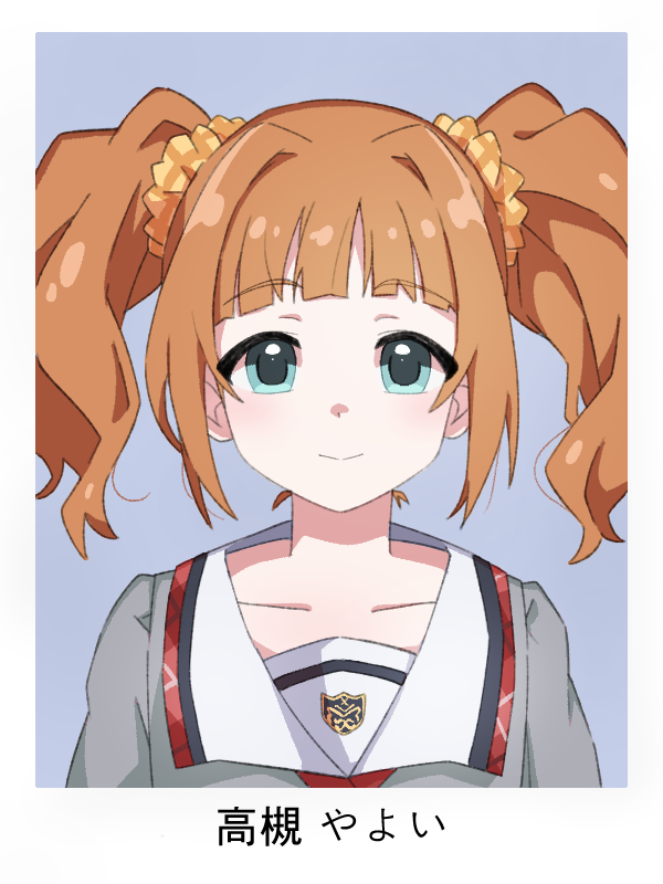 1girl blunt_bangs blush character_name closed_mouth collar collarbone collared_shirt dot_nose green_eyes grey_shirt hair_ornament hair_scrunchie id_photo idolmaster idolmaster_(classic) idolmaster_million_live! idolmaster_million_live!_theater_days light_smile official_alternate_costume ohgi910 orange_hair portrait school_uniform scrunchie shirt short_hair sidelocks simple_background solo straight-on takatsuki_yayoi twintails upper_body wavy_hair white_collar