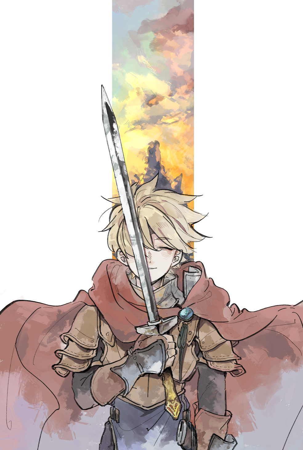 1boy ^_^ arm_at_side armor blonde_hair breastplate brown_gloves cape closed_eyes cloud cowboy_shot elbow_gloves facing_viewer fingerless_gloves floating_cape gloves gorget hair_between_eyes hand_guard highres holding holding_sword holding_weapon live_a_live male_focus oersted omomomizu one_eye_covered parted_lips pauldrons red_cape short_hair shoulder_armor smile solo standing sword sword_in_front_of_face weapon white_background