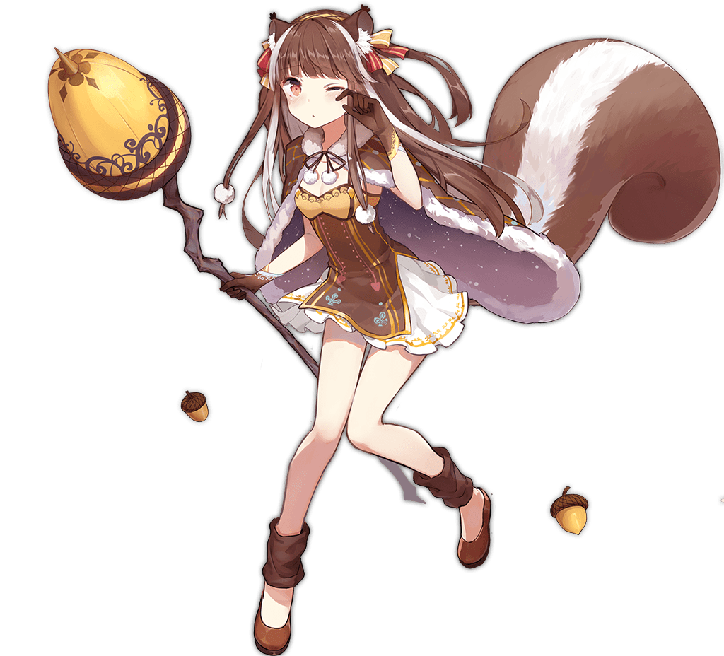 1girl acorn animal_ear_fluff animal_ears ark_order blush bow breasts brown_cape brown_dress brown_eyes brown_footwear brown_gloves brown_hair cape closed_mouth dress flats full_body fur-trimmed_cape fur_trim gloves hair_bow hairband holding holding_staff leg_warmers long_hair looking_at_viewer official_art pom_pom_(clothes) ratatoskr_(ark_order) red_bow rubbing_eyes sidelocks sleepy sleeveless sleeveless_dress small_breasts solo squirrel_ears squirrel_girl squirrel_tail staff tachi-e tail transparent_background two_side_up white_dress yellow_bow yellow_hairband yue_yue