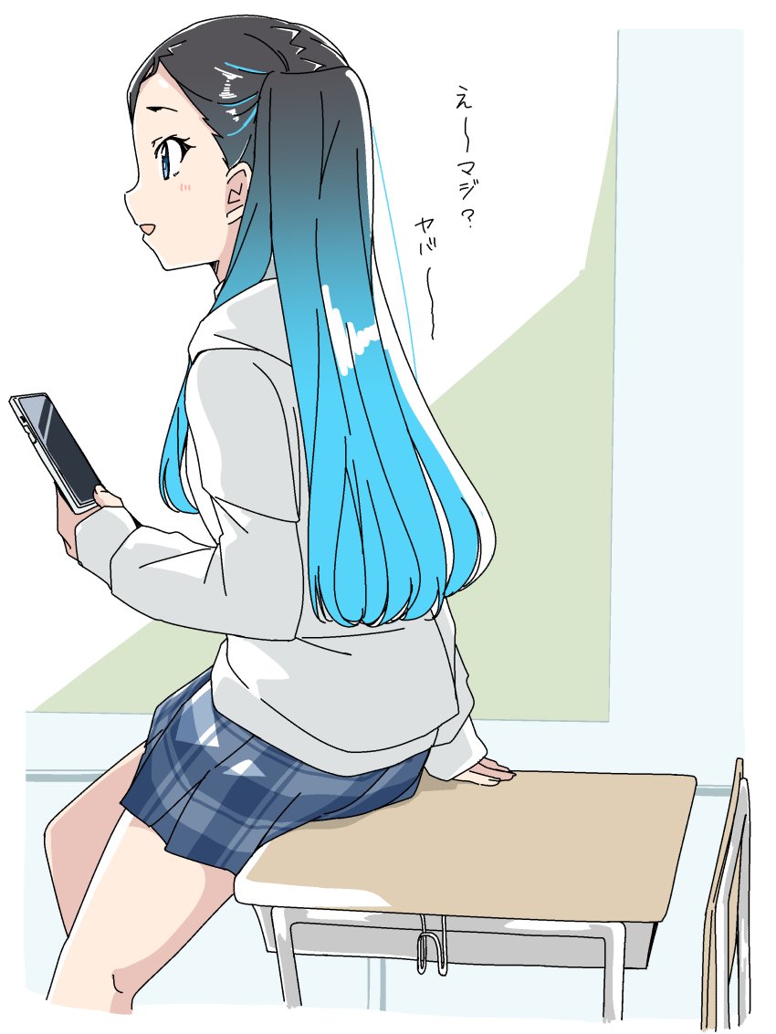 1girl 22/7 :d black_hair blue_eyes blue_hair blue_skirt border chair classroom commentary_request desk from_side gradient_hair hand_rest holding holding_phone hood hood_down hoodie light_blue_hair long_hair miniskirt multicolored_hair nishiura_sora on_desk open_mouth phone plaid plaid_skirt pleated_skirt school_chair school_desk sitting skirt smile solo straight_hair talking translation_request trefle_r white_border white_hoodie