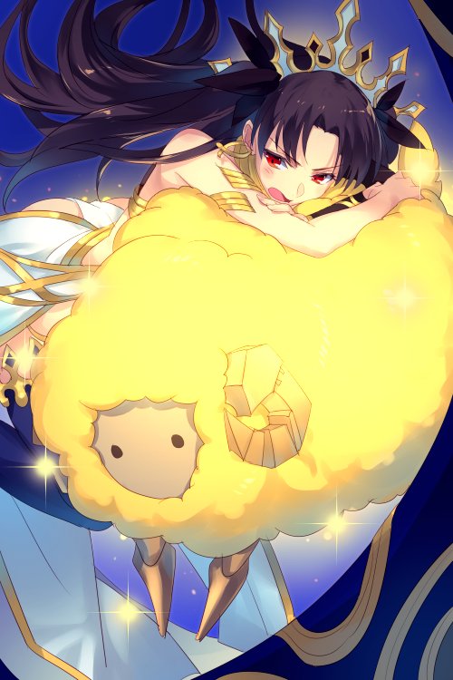 1girl armlet bare_shoulders black_hair black_thighhighs detached_sleeves dumuzid_(fate) earrings echo_(circa) fate/grand_order fate_(series) gold_trim hair_ribbon heavenly_boat_maanna hoop_earrings ishtar_(fate) jewelry long_hair looking_at_viewer neck_ring open_mouth parted_bangs red_eyes ribbon sheep single_detached_sleeve single_thighhigh skirt thighhighs thighlet tiara two_side_up weapon white_skirt