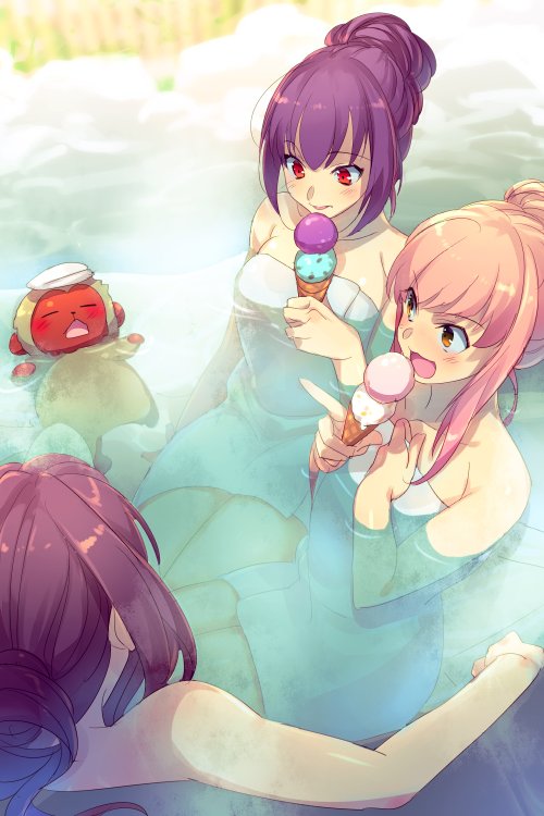 3girls bare_shoulders bathing blush breasts eating echo_(circa) fate/grand_order fate_(series) food hair_bun ice_cream large_breasts long_hair medb_(fate) medium_breasts monkey multiple_girls onsen open_mouth pink_hair purple_hair red_eyes scathach_(fate) scathach_skadi_(fate) single_hair_bun smile towel water wet yellow_eyes