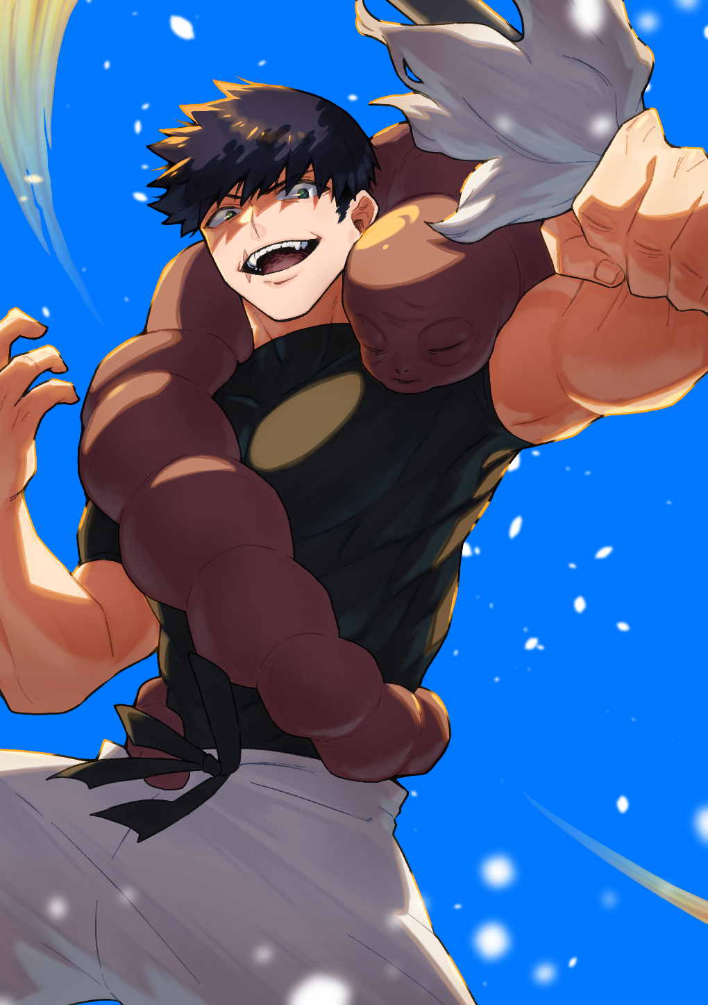 1boy black_hair blue_sky cowboy_shot evil_grin evil_smile floating_hair fushiguro_touji grin hand_up highres holding holding_sword holding_weapon jujutsu_kaisen kumofuku looking_at_viewer male_focus mature_male midair muscular muscular_male open_hand pectorals scar scar_on_face scar_on_mouth shirt short_hair sky smile solo sword taut_clothes taut_shirt weapon