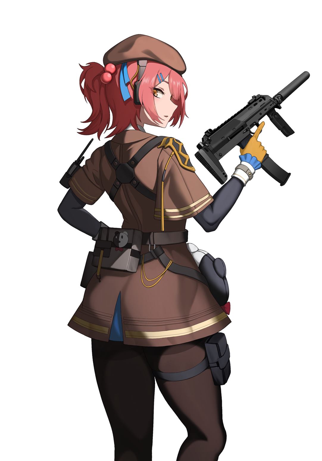 1girl beret brown_dress brown_pantyhose cero_(last2stage) commission dress from_behind girls'_frontline girls'_frontline_2:_exilium gloves gun h&amp;k_mp7 hair_ornament hairclip hat highres holding holding_weapon looking_at_viewer looking_back mp7_(girls'_frontline) one_side_up pantyhose pink_hair pouch short_sleeves solo submachine_gun suppressor thigh_pouch trigger_discipline weapon wide_sleeves yellow_eyes yellow_gloves