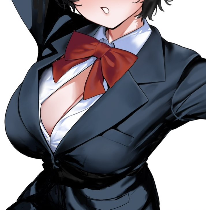 1girl black_coat black_hair blue_archive bow bowtie breast_focus breasts cleavage coat large_breasts nanja open_clothes open_shirt red_bow red_bowtie short_hair simple_background tour_guide tsubaki_(blue_archive) tsubaki_(guide)_(blue_archive) white_background