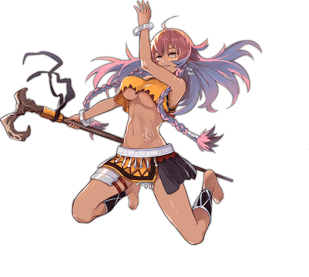 1girl ahoge ankle_wrap ark_order artist_request barefoot bracelet braid breasts cane crop_top dark-skinned_female dark_skin earrings facial_mark full_body grin holding holding_cane jewelry jumping kuafu_(ark_order) large_breasts long_hair looking_at_viewer multicolored_hair navel official_art orange_shirt orange_skirt shirt side_braid sidelocks skirt sleeveless sleeveless_shirt smile solo stomach_tattoo tachi-e tattoo thigh_strap transparent_background tribal twin_braids underboob yellow_eyes