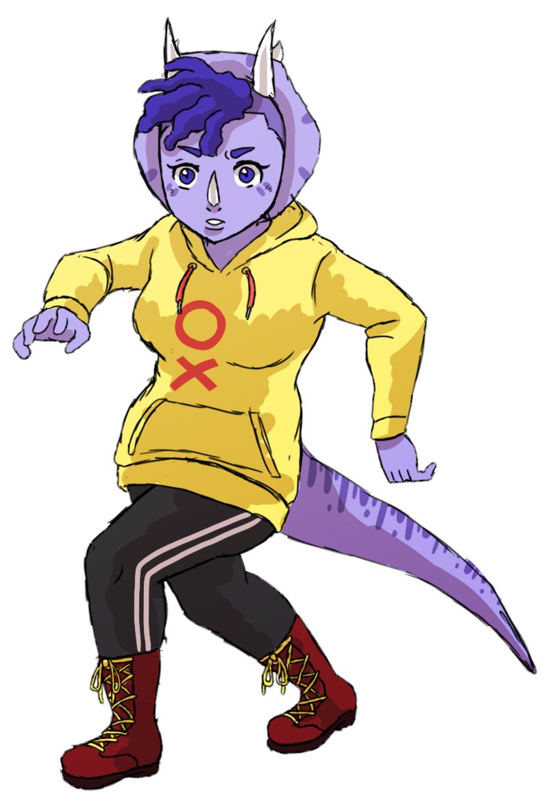 2024 3_horns 5_fingers anthro big_tail boots ceratopsian clothing digital_drawing_(artwork) digital_media_(artwork) dinosaur eyelashes female fingers footwear frill_(anatomy) goodbye_volcano_high hair hoodie horn jauntyweb long_tail multi_horn ornithischian pose purple_body purple_eyes purple_hair purple_scales reptile scales scalie short_hair simple_background solo sweatpants tail topwear triceratops trish_(gvh) white_background