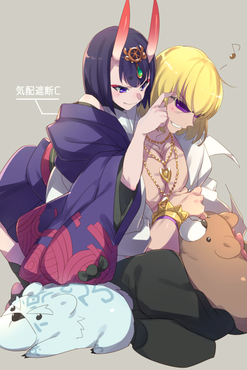 1girl bare_shoulders black_pants blonde_hair bracelet breasts echo_(circa) eyeliner fate/grand_order fate_(series) grin headpiece horns japanese_clothes jewelry kimono long_sleeves makeup muscular muscular_male necklace off_shoulder oni pants popped_collar purple_eyes purple_hair purple_kimono sakata_kintoki_(fate) sash shirt short_hair shuten_douji_(fate) sitting skin-covered_horns small_breasts smile stuffed_animal stuffed_toy sunglasses teddy_bear translation_request white_shirt wide_sleeves