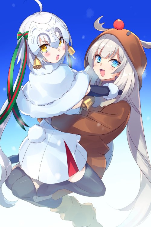 2girls animal_hood bell black_gloves black_thighhighs blue_eyes blush boots bow breasts brown_jacket capelet dress echo_(circa) elbow_gloves fate/grand_order fate_(series) fur-trimmed_capelet fur_trim gloves grey_hair hair_bow headpiece hood jacket jeanne_d'arc_alter_santa_lily_(fate) jingle_bell long_hair long_sleeves looking_at_viewer marie_antoinette_(fate) multiple_girls open_mouth ponytail reindeer_hood ribbon short_dress sidelocks small_breasts smile striped_bow striped_ribbon thighhighs twintails very_long_hair white_capelet white_dress white_hair yellow_eyes