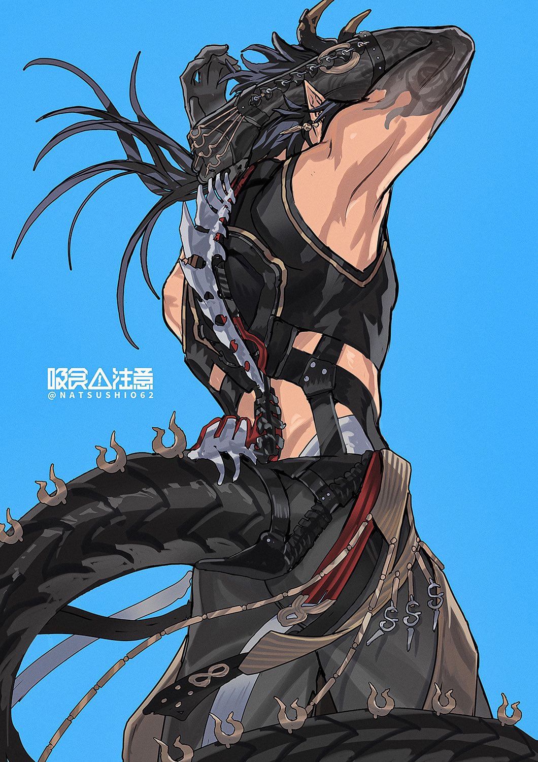 1boy arknights arm_belt arm_tattoo armpits arms_behind_head arms_up bare_shoulders black_hair black_pants blue_background chong_yue_(arknights) crop_top dragon_boy dragon_horns dragon_tail earrings from_side highres horns jewelry looking_ahead male_focus natsushio_(x2i2a) pants pointy_ears simple_background single_earring sleeveless sleeveless_turtleneck solo spine tail tattoo turtleneck upper_body