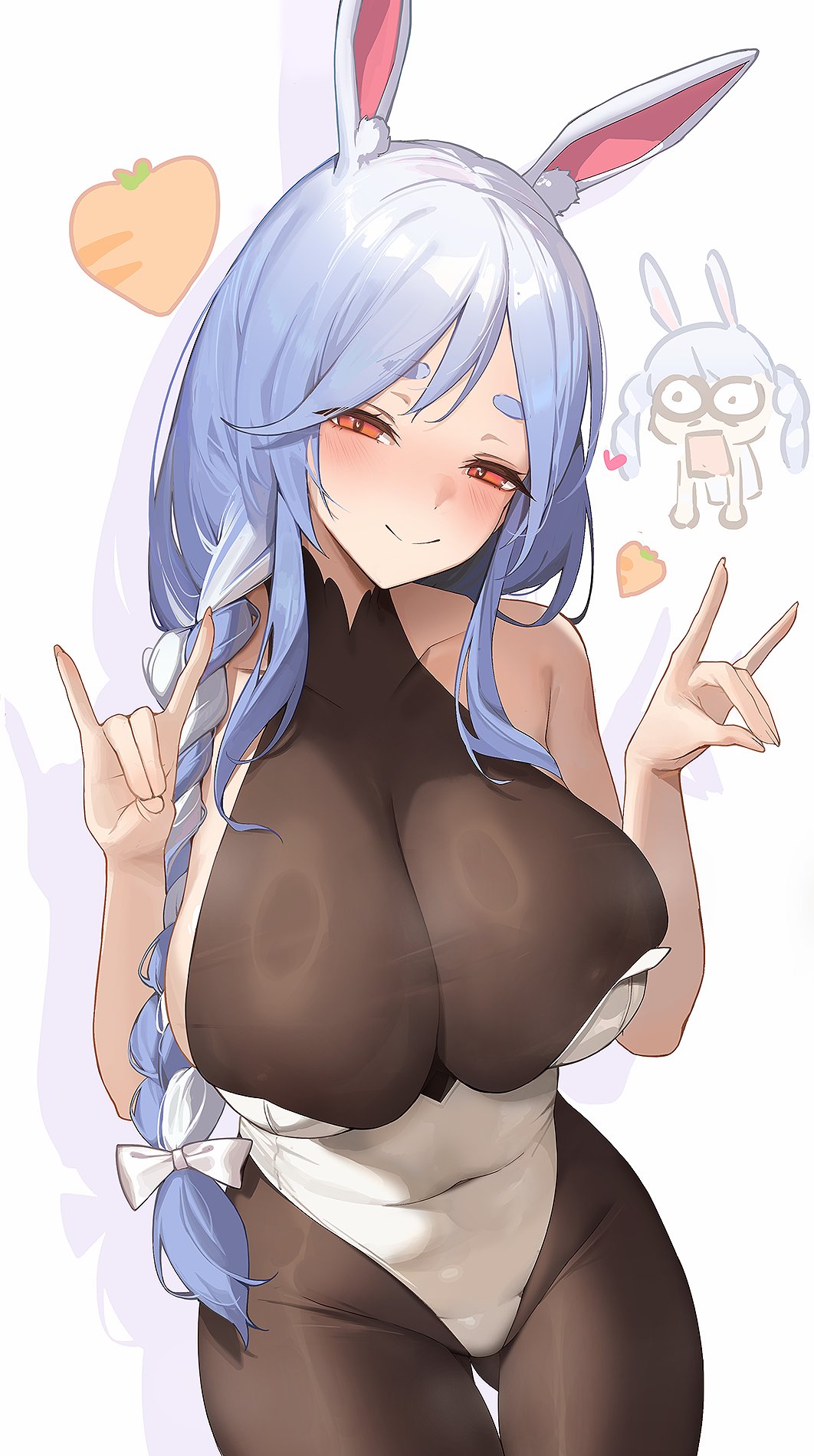 1girl animal_ear_fluff animal_ears blue_hair blush braid breasts carrot half-closed_eyes heart highres hololive long_hair looking_at_viewer multicolored_hair pekomama playboy_bunny rabbit_ears rabbit_girl short_eyebrows smile solo thick_eyebrows two-tone_hair usada_pekora virtual_youtuber whispering_for_nothing white_background white_hair