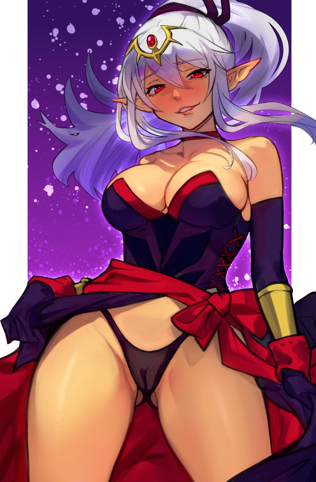 1girl alternate_eye_color alternate_hair_color black_panties blush breasts cleavage commission dark_persona dress fire_emblem fire_emblem_awakening gloves hair_ornament highres knee_up large_breasts long_hair looking_at_viewer open_mouth panties pointy_ears ponytail r123 ribbon simple_background skeb_commission smile solo thong tiara tiki_(adult)_(fire_emblem) tiki_(fire_emblem) underwear white_hair