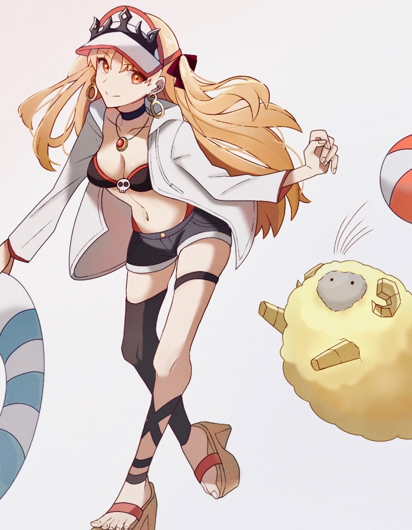 alternate_costume bikini black_bikini blonde_hair dumuzid_(fate) earrings ereshkigal_(fate) fate/grand_order fate_(series) hair_ribbon hoop_earrings jacket jewelry kanita_akashi necklace open_clothes open_jacket red_eyes red_ribbon ribbon sandals sheep short_shorts shorts simple_background single_thighhigh swim_ring swimsuit thighhighs visor_cap white_background white_jacket