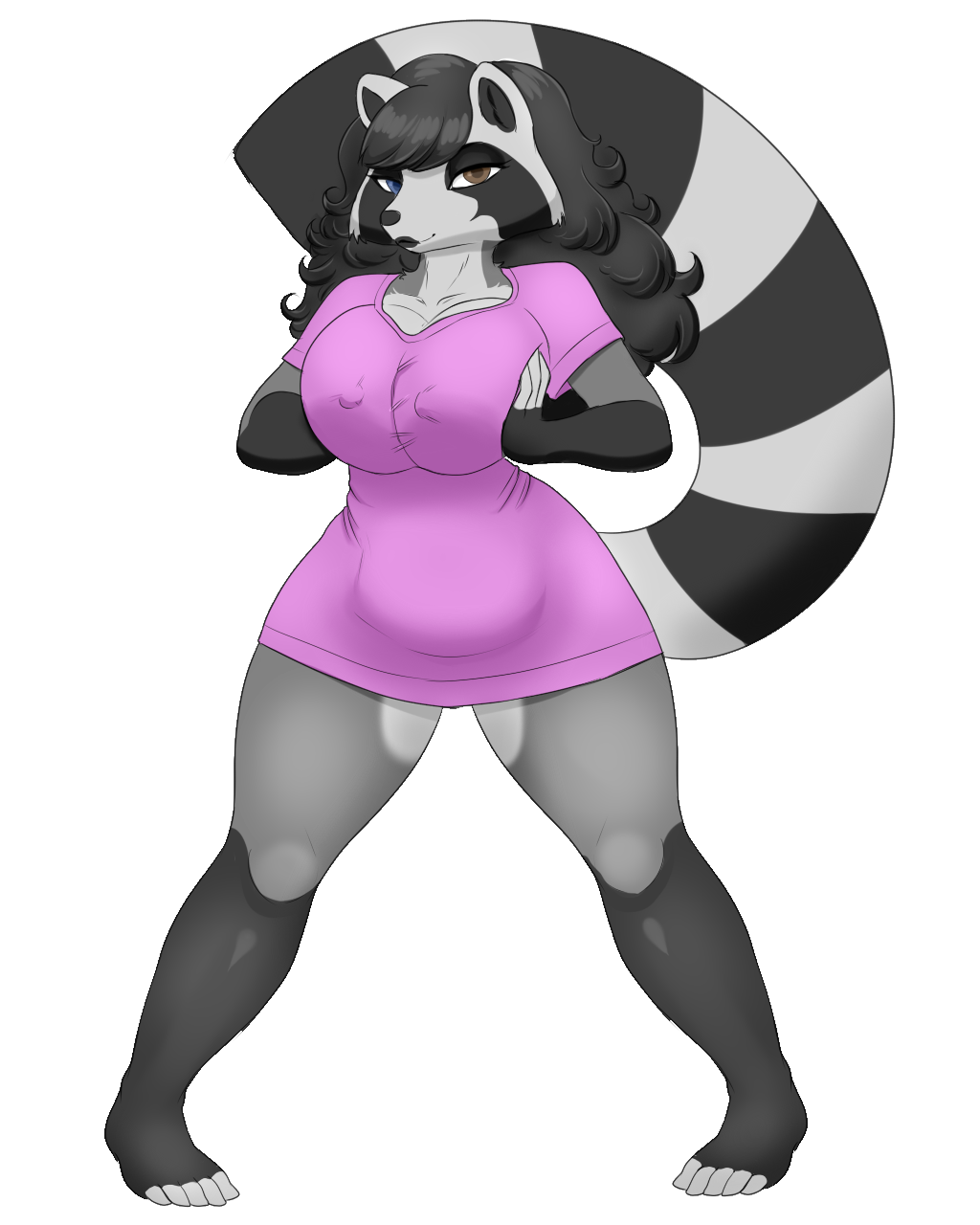 anthro big_breasts blackbetty breasts clothed clothing female franciene_(tango's_family) fur hair hi_res looking_at_viewer mammal nipples procyonid raccoon smile solo tail thick_thighs