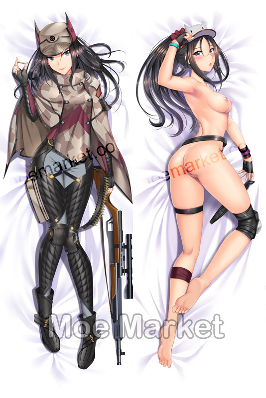 ass barefoot bed_sheet beiyu black_gloves black_hair blue_eyes blush boots bracelet breasts bullet capelet dakimakura fingerless_gloves full_body gloves gun hat jewelry kai_schren knee_pads long_hair looking_at_viewer lying medium_breasts multiple_views nipples on_back on_side open_mouth pants ponytail pussy rifle senjou_no_valkyria senjou_no_valkyria_4 skindentation smile thigh_strap topless visor_cap watermark weapon