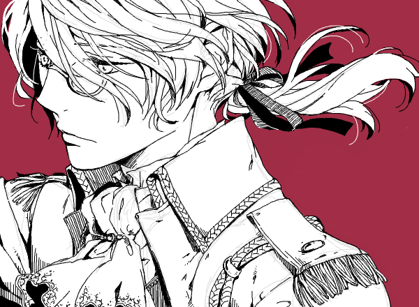 1boy ascot bad_drawr_id bad_id closed_mouth epaulettes greyscale_with_colored_background hair_between_eyes hair_ribbon long_hair low_ponytail male_focus meiriel monochrome oekaki original ponytail portrait red_background ribbon simple_background solo