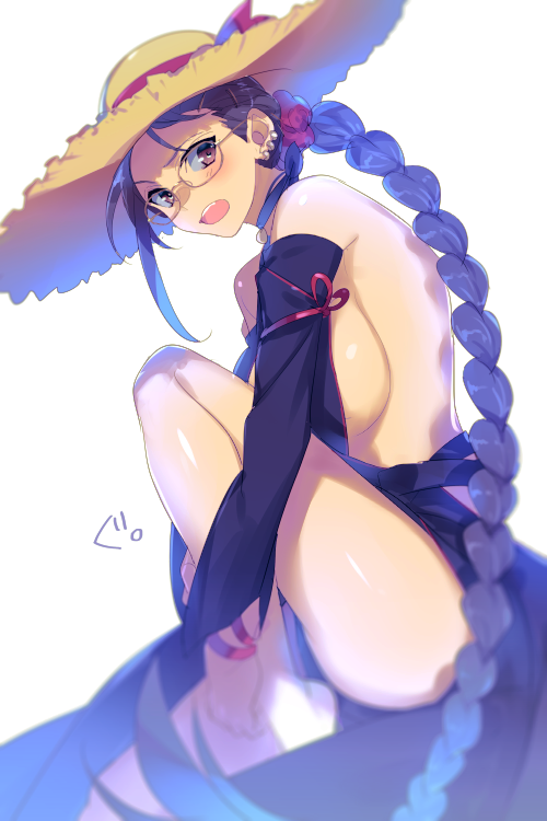 1girl bare_shoulders black_one-piece_swimsuit black_shorts blush braid braided_ponytail breasts brown_eyes brown_hair choker detached_sleeves earrings echo_(circa) fate/grand_order fate_(series) hair_ornament hair_scrunchie halterneck hat jewelry large_breasts long_hair long_sleeves looking_at_viewer one-piece_swimsuit open_mouth ribbon_trim scrunchie short_shorts shorts sideboob solo straw_hat swimsuit thighs very_long_hair yu_mei-ren_(fate) yu_mei-ren_(festival_outfit)_(fate)