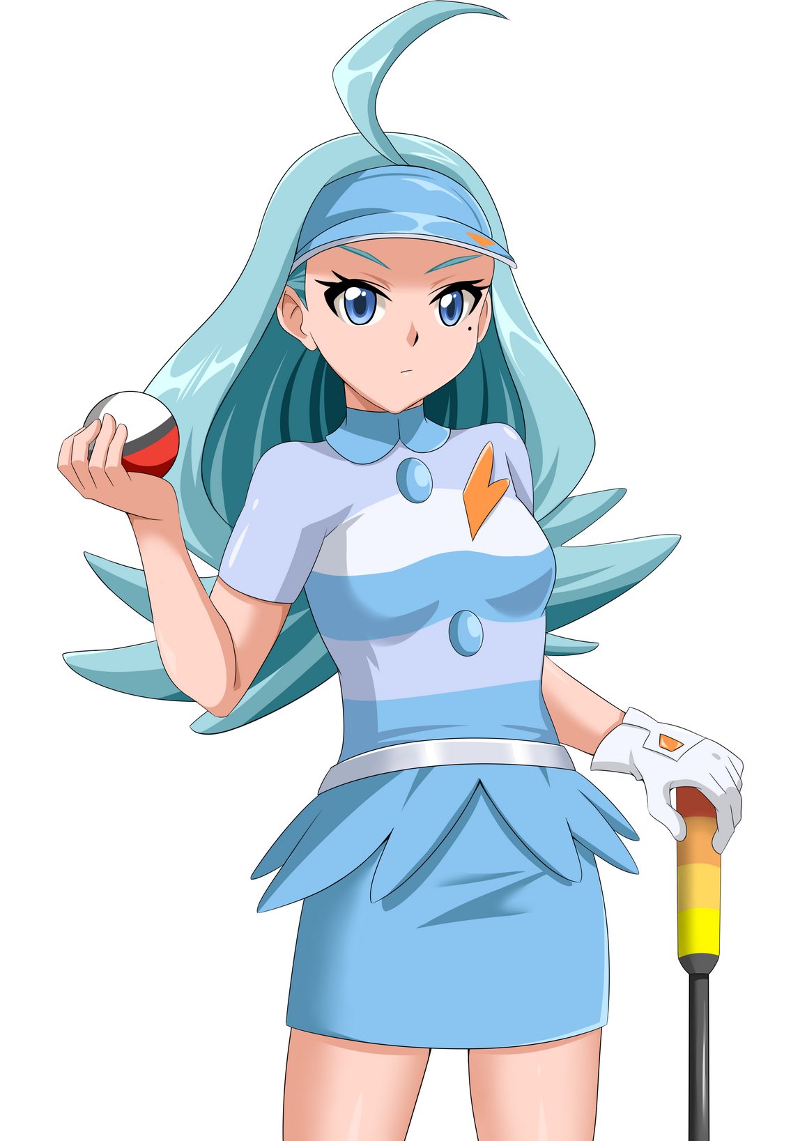 1girl ahoge blue_eyes blue_hair blue_hat blue_skirt breasts collared_shirt flipped_hair gloves golf_club highres holding holding_golf_club holding_poke_ball kahili_(pokemon) light_blue_hair long_hair mole mole_under_eye pencil_skirt poke_ball poke_ball_(basic) pokemon pokemon_sm shirt short_sleeves single_glove skirt solo striped_clothes striped_shirt visor_cap wavelevel5 white_gloves