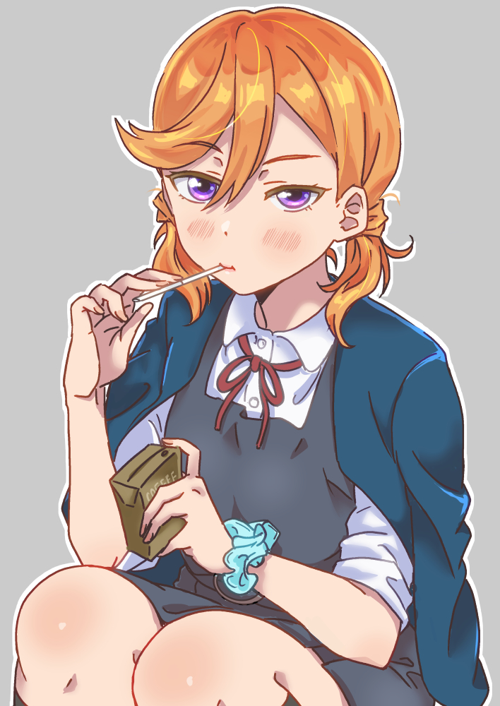 1girl alternate_hairstyle blue_jacket blush coffee collared_shirt commentary_request dress drink drinking_straw drinking_straw_in_mouth grey_background grey_dress hair_between_eyes holding holding_drink jacket jacket_on_shoulders juice_box looking_at_viewer love_live! love_live!_superstar!! momominoru neck_ribbon orange_hair pinafore_dress purple_eyes red_ribbon ribbon school_uniform scrunchie shibuya_kanon shirt sitting sleeveless sleeveless_dress solo twintails upper_body white_shirt winter_uniform wrist_scrunchie yuigaoka_school_uniform