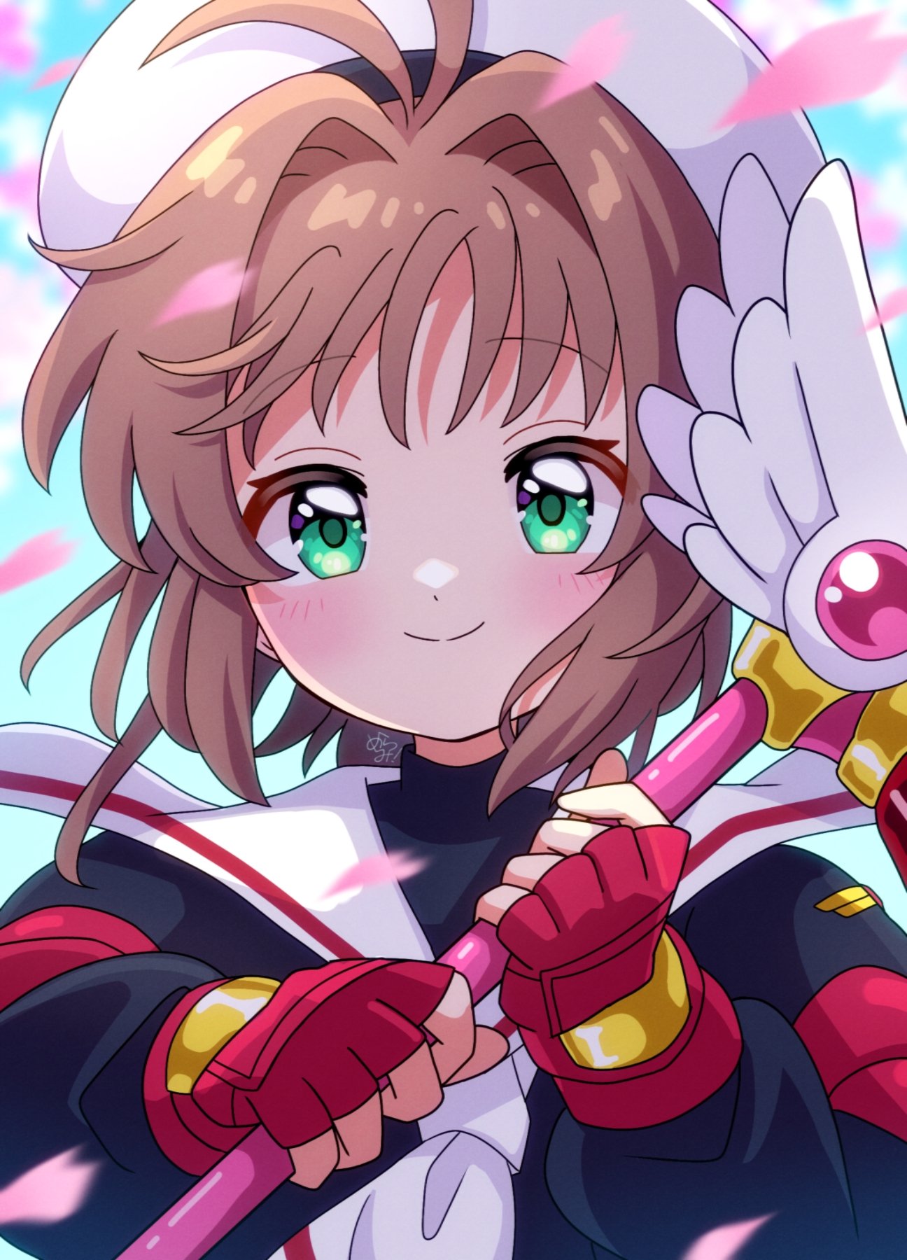 1girl antenna_hair blue_sky blush brown_hair cardcaptor_sakura fingerless_gloves fuuin_no_tsue gloves green_eyes highres holding holding_wand kinomoto_sakura looking_at_viewer mmmera827 petals sailor_collar short_hair sky smile solo upper_body wand white_hat white_sailor_collar