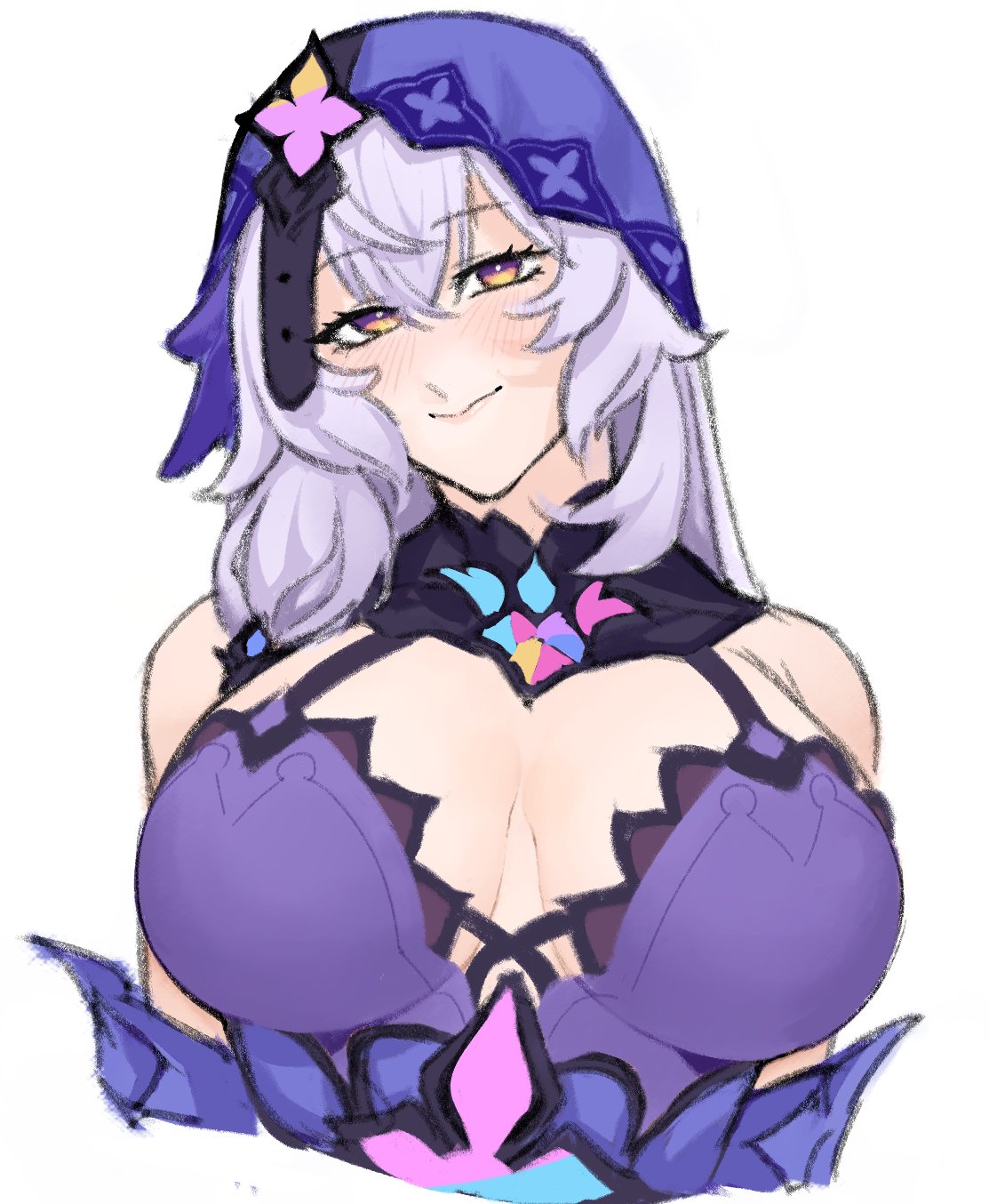 1girl black_swan_(honkai:_star_rail) breasts cleavage headdress highres honkai:_star_rail honkai_(series) large_breasts long_hair looking_at_viewer orange_eyes purple_hair sketch smugigante upper_body