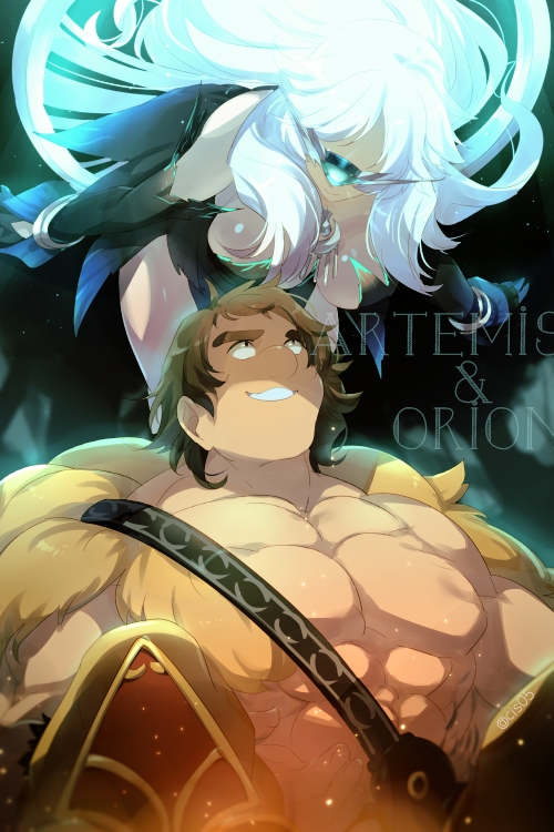 1boy 1girl artemis_(fate) bare_shoulders black_dress bracelet breasts brown_eyes brown_hair character_name chest_harness cleavage dress echo_(circa) fate/grand_order fate_(series) gradient_dress grin harness jewelry large_breasts long_hair looking_up muscular muscular_male necklace pelt short_hair smile super_orion_(fate) thick_eyebrows white_hair