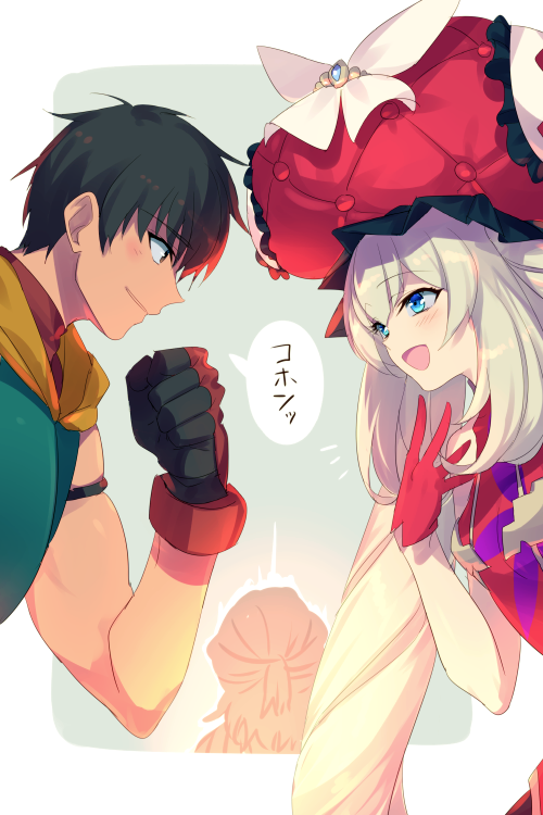 1girl 2boys antonio_salieri_(fate) arash_(fate) armor black_gloves black_hair blue_eyes blush breastplate breasts dress echo_(circa) fate/grand_order fate_(series) gloves green_armor grey_hair large_hat long_hair marie_antoinette_(fate) medium_breasts multiple_boys open_mouth red_dress red_gloves red_hat short_dress short_hair sidelocks sleeveless sleeveless_dress smile speech_bubble translation_request twintails very_long_hair white_hair