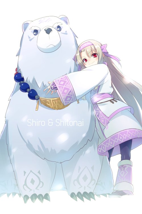 1girl ainu_clothes bead_necklace beads bear black_pantyhose breasts character_name echo_(circa) fate/grand_order fate_(series) fingerless_gloves full_body fur_trim gloves hairband hug jewelry long_hair looking_at_viewer necklace pantyhose polar_bear purple_gloves purple_hairband purple_scarf red_eyes sash scarf shirou_(bear)_(fate) shirt sidelocks sitonai_(fate) skirt small_breasts smile white_hair white_shirt white_skirt