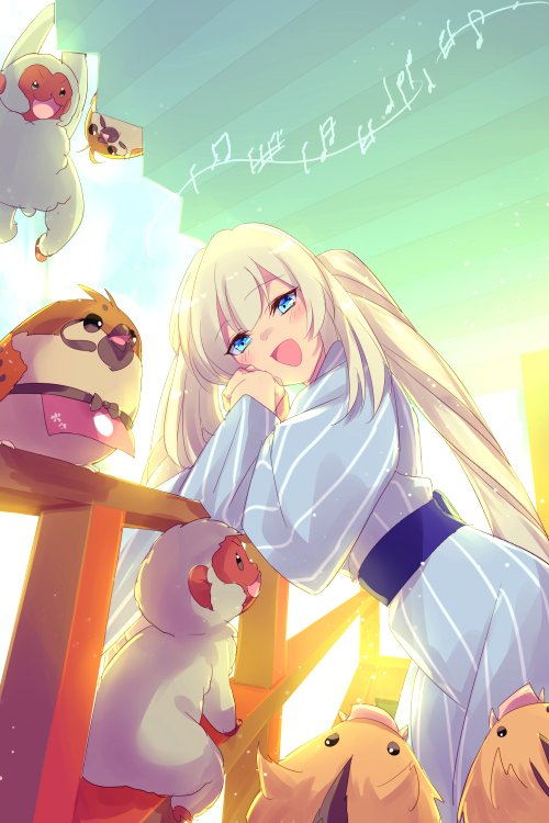 1girl bird blue_eyes blue_kimono blush breasts echo_(circa) fate/grand_order fate_(series) japanese_clothes kimono long_hair long_sleeves marie_antoinette_(fate) medium_breasts monkey music musical_note open_mouth piglet sidelocks singing smile sparrow twintails very_long_hair white_hair