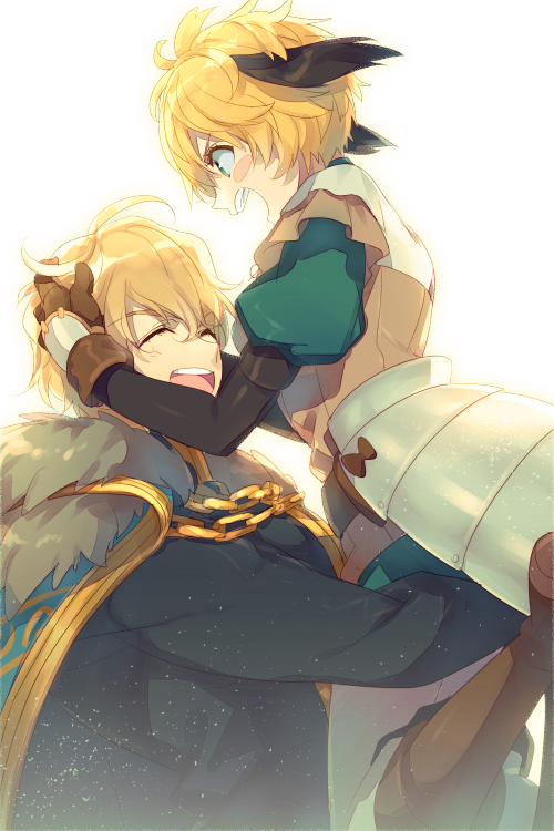 1boy 1girl armor black_shirt blonde_hair blue_cape blush_stickers breasts brown_gloves cape closed_eyes echo_(circa) fate/grand_order fate_(series) faulds fur-trimmed_cape fur_trim gareth_(fate) gawain_(fate) gloves gold_trim green_eyes green_shirt green_shorts hair_flaps hug layered_clothes long_sleeves medium_breasts open_mouth pantyhose puffy_short_sleeves puffy_sleeves shirt short_hair short_sleeves shorts smile white_pantyhose