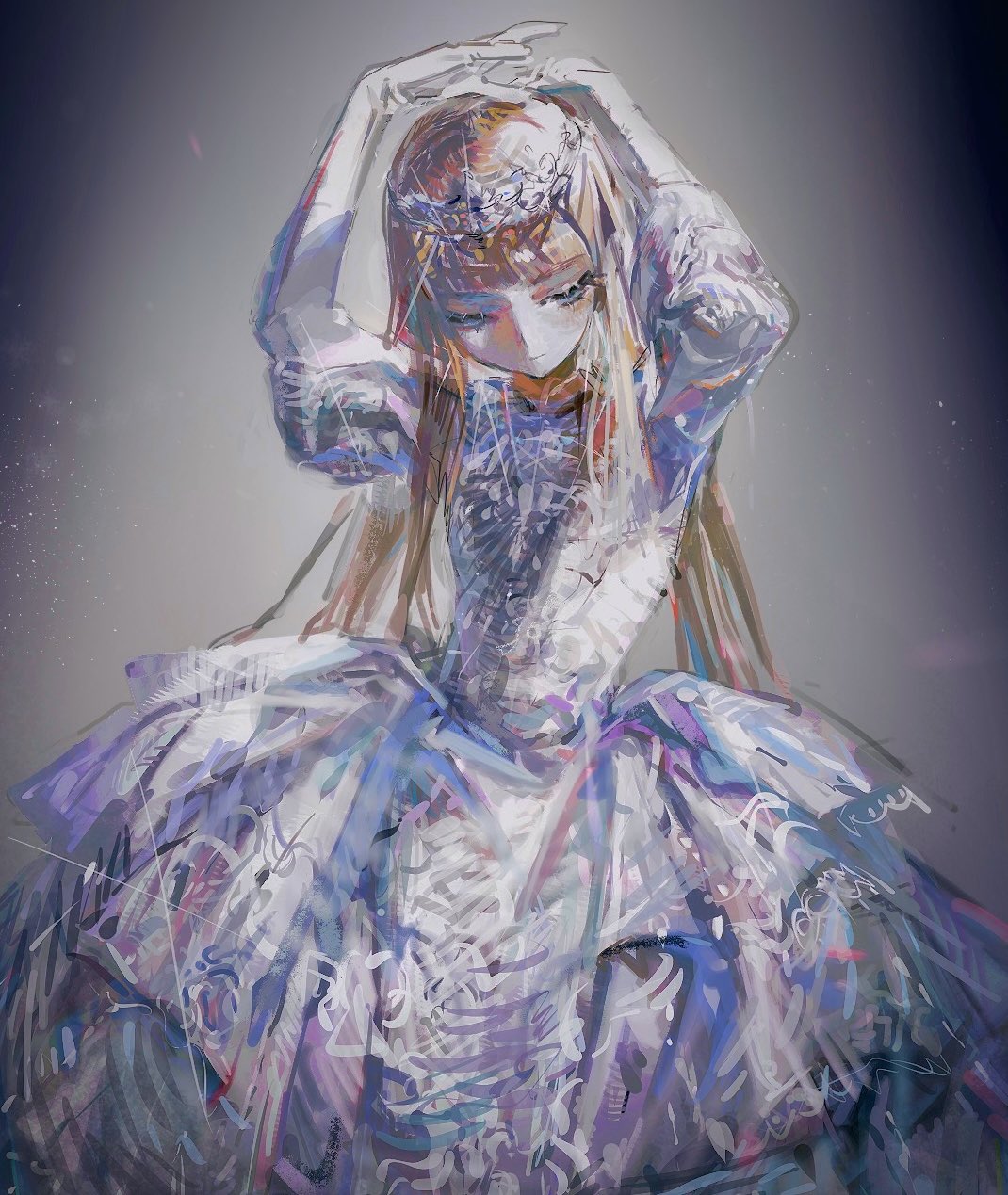 1girl arms_up blonde_hair blue_eyes blunt_bangs closed_mouth dress grey_background hands_on_own_head highres light_particles long_hair long_sleeves looking_down multicolored_clothes multicolored_dress original painterly puffy_sleeves solo standing susuki_nogi tiara very_long_hair white_dress