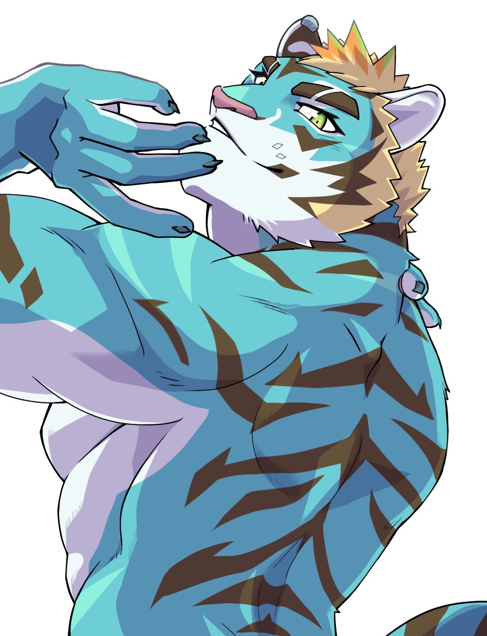 abs anthro aoi_tachi0 back_muscles blonde_hair blue_body blue_fur clothed clothing eyebrows felid fur green_eyes hair hi_res lifewonders live_a_hero looking_back male mammal muscular muscular_anthro muscular_male pantherine pecs rexer solo striped_body striped_fur stripes thick_eyebrows tiger topless