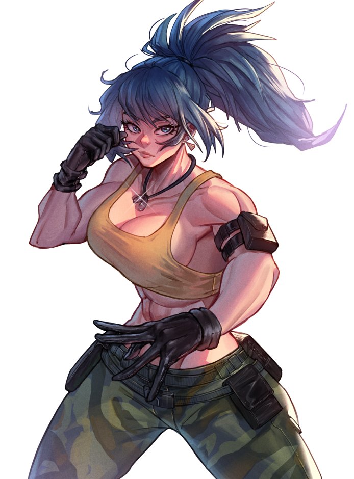 1girl arm_pouch biceps black_gloves blue_eyes blue_hair breasts camouflage camouflage_pants crop_top dog_tags earrings gloves jewelry leona_heidern muscular muscular_female pants ponytail rattlepool simple_background sleeveless soldier solo tank_top teeth the_king_of_fighters the_king_of_fighters_xv triangle_earrings white_background yellow_tank_top