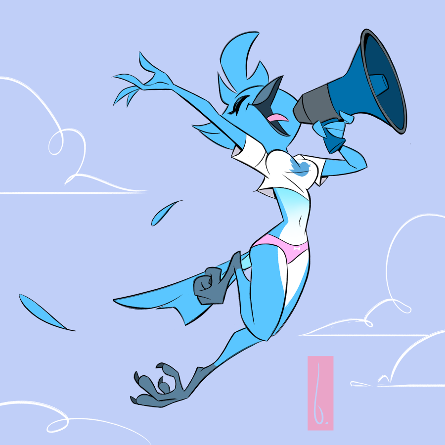 airborne anthro avian birchly bird blue_feathers breasts clothing feathers female happy megaphone panties shirt solo talons tongue tongue_out tweetfur twitter underwear yelling