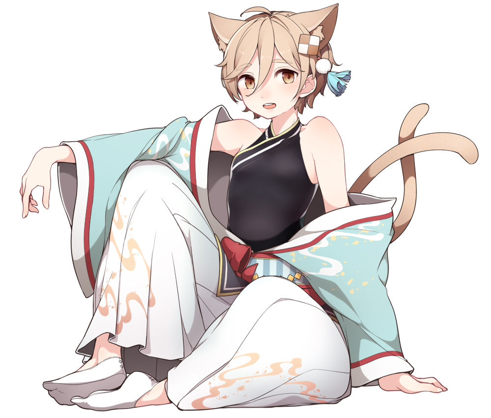 :d animal_ears bare_shoulders brown_eyes brown_hair cat_ears cat_tail commentary_request ensemble_stars! eyebrows_visible_through_hair full_body hair_between_eyes hair_ornament japanese_clothes kinakomoti male_focus mashiro_tomoya multiple_tails open_mouth otoko_no_ko short_hair simple_background sitting smile solo tail two_tails white_background wide_sleeves