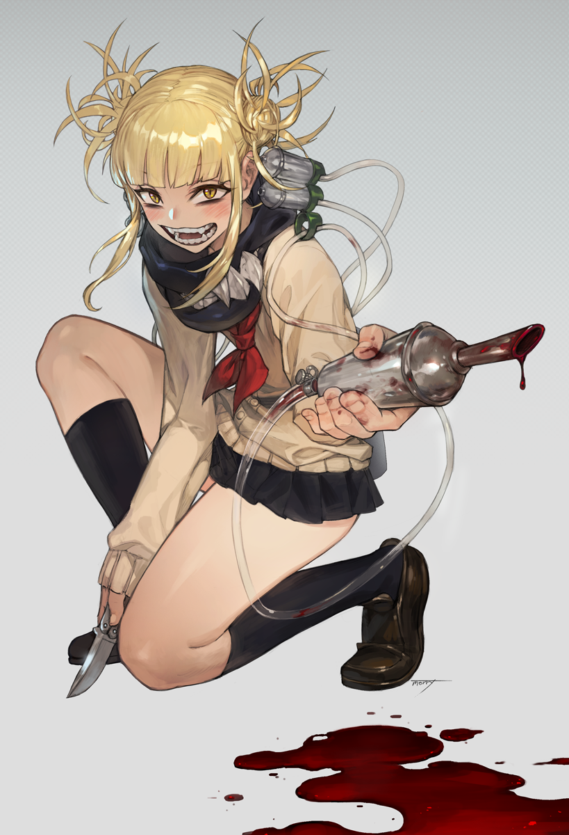 bangs blonde_hair blood bloody_hands blush boku_no_hero_academia grey_background highres holding holding_weapon kneehighs knife na_in-sung open_mouth sharp_teeth short_hair signature simple_background skirt smile solo syringe teeth toga_himiko tube weapon yellow_eyes