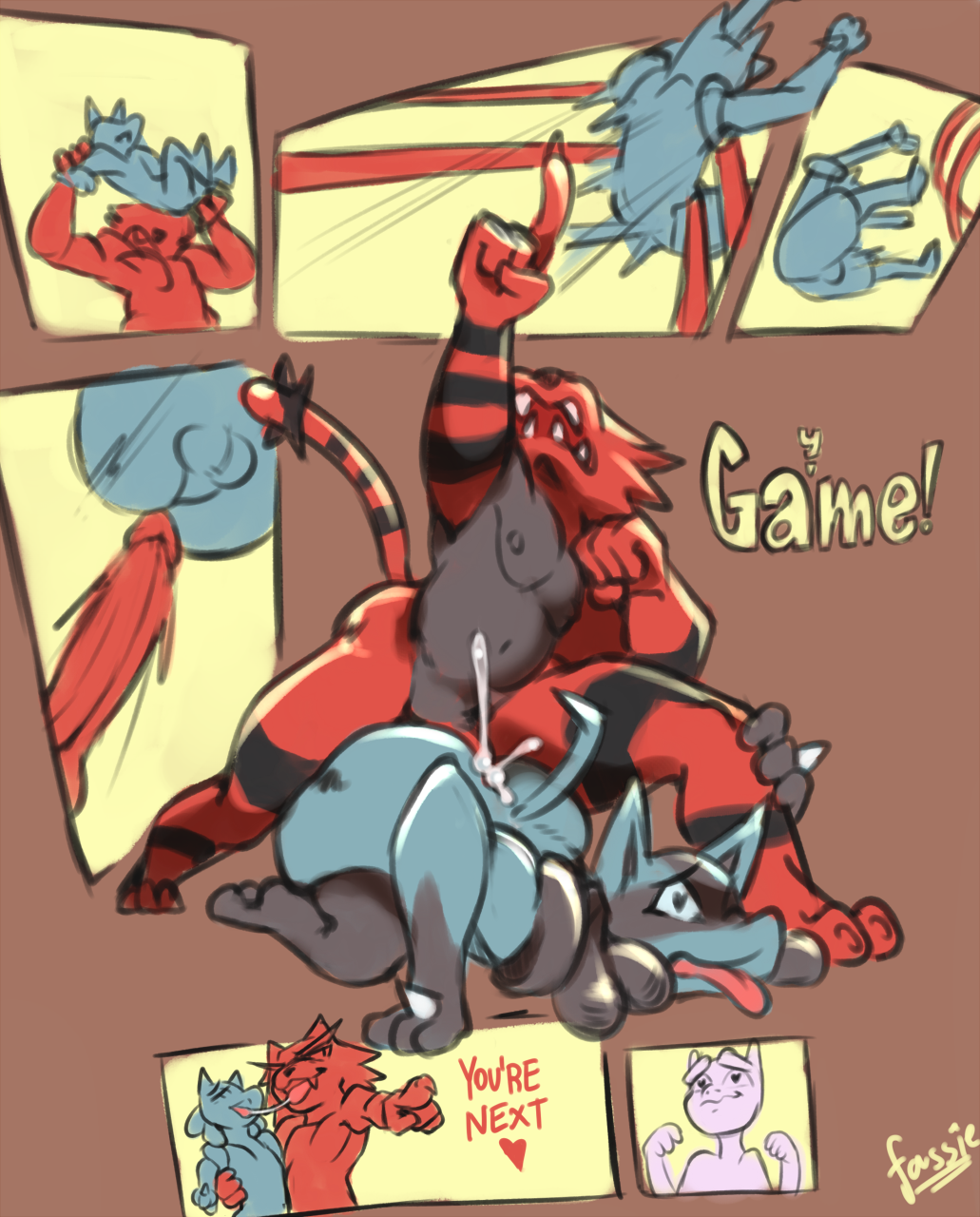 &lt;3 2018 3_fingers 4_fingers anal anal_penetration anthro balls black_fur blue_fur brown_background butt canine claws comic cum cum_in_ass cum_inside ejaculation erection feline fur incineroar legendary_pok&eacute;mon looking_pleasured lucario male male/male mammal mewtwo multicolored_fur muscular muscular_male nintendo nipples open_mouth penetration penis pok&eacute;mon pok&eacute;mon_(species) pose promiscuousmaractus red_fur saliva saliva_string simple_background smile spike_(disambiguation) stripes super_smash_bros teeth text tongue video_games