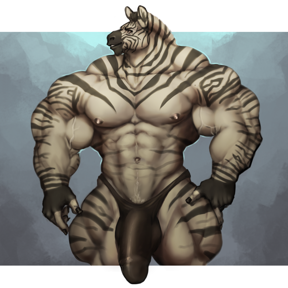 anthro big_bulge big_penis bulge clothing equine hyper hyper_muscles looking_at_viewer male mammal muscular muscular_male oldshep pecs penis penis_outline pubes smile solo standing underwear veiny_muscles zebra