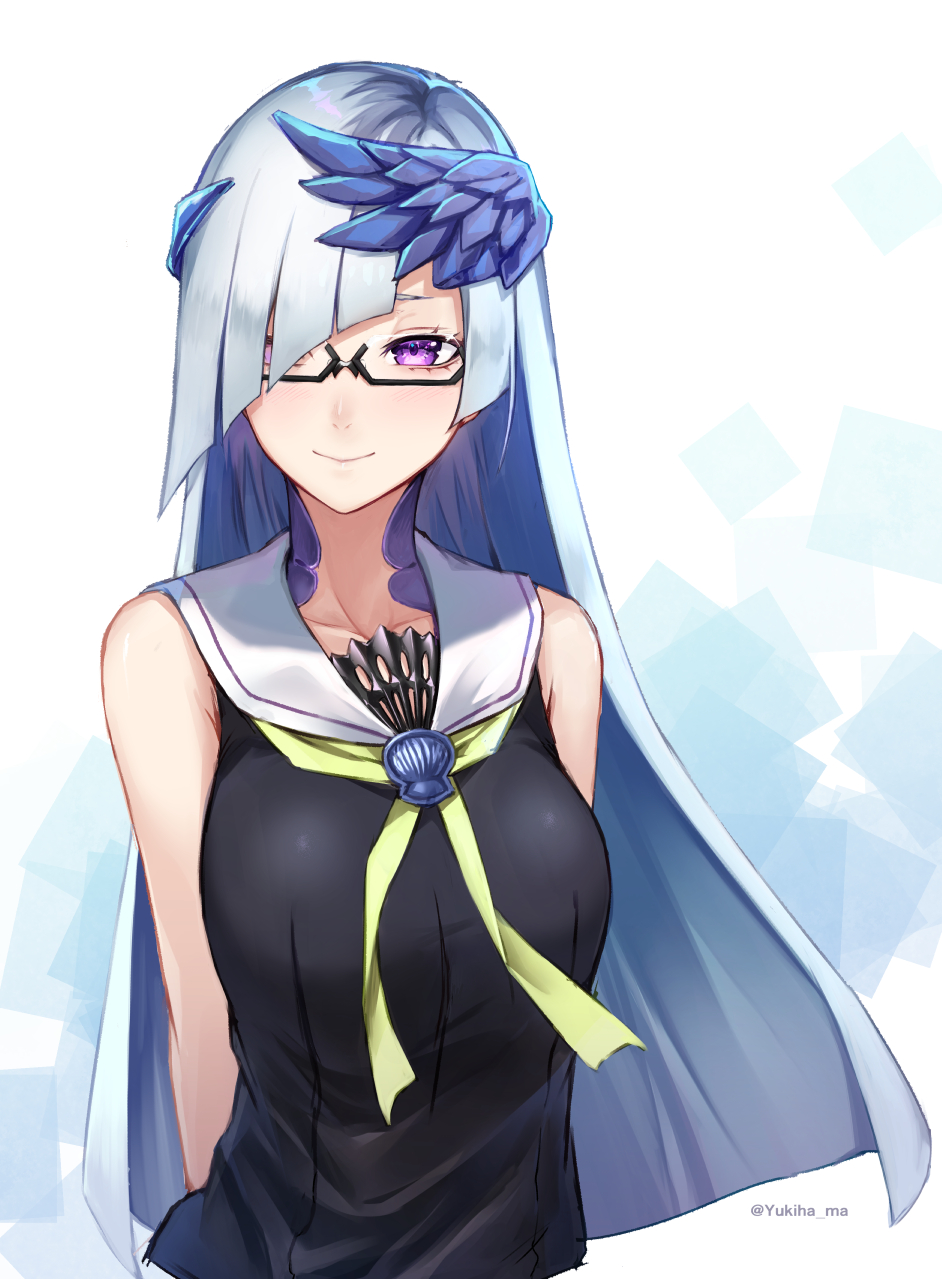 arms_behind_back bangs bare_shoulders black-framed_eyewear black_dress blue_hair blue_wings blush breasts brynhildr_(fate) closed_mouth collarbone dress fate/prototype fate/prototype:_fragments_of_blue_and_silver fate_(series) feathered_wings glasses green_neckwear hair_over_one_eye head_wings highres long_hair looking_at_viewer purple_eyes sailor_collar sailor_dress semi-rimless_eyewear sleeveless sleeveless_dress small_breasts smile solo twitter_username under-rim_eyewear very_long_hair white_background white_sailor_collar wings yukihama