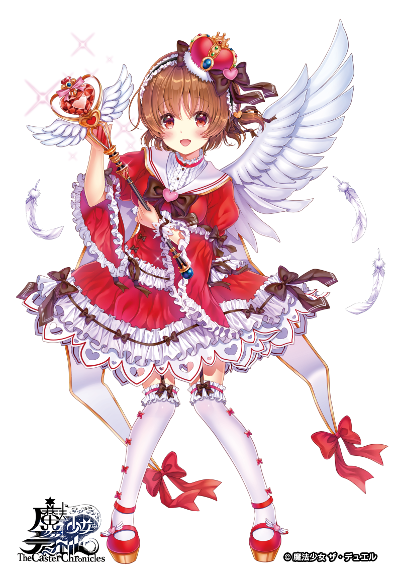 :d bangs blush bow bow_legwear bowtie breasts brown_bow brown_hair center_frills commentary_request copyright_name crown crystal dress eyebrows_visible_through_hair feathered_wings feathers frilled_dress frilled_sleeves frills full_body fur_trim garter_straps garters gem hair_bow hair_ornament hairband heart heart_cutout heart_hair_ornament holding holding_staff koga_tsubasa lolita_fashion lolita_hairband long_sleeves magical_girl medium_breasts official_art one_side_up open_mouth petticoat puffy_sleeves red_dress red_eyes red_footwear ruby_(stone) sailor_dress sakura_moyon shoes short_hair simple_background single_wing single_wrist_cuff smile solo sparkle staff standing the_caster_chronicles thighhighs white_background white_legwear white_wings wide_sleeves wings wrist_cuffs