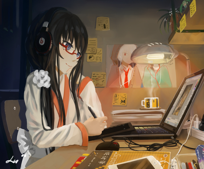 beats_by_dr._dre black_hair blue_eyes book cable cellphone chair charger computer desk drawing drawing_tablet drink electric_plug figure flower_pot fluorescent_lamp glasses hand_on_own_face hatsune_miku lamp laptop long_hair lu" mouse_(computer) on_desk original painttool_sai paper pen phone plant poster red-framed_eyewear robe scrunchie self-portrait signature sitting smartphone smile solo steam sticky_note thinkpad vocaloid windows_7