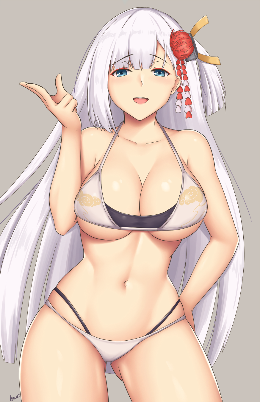aqua_eyes arciealbano asymmetrical_hair azur_lane bangs bare_arms bare_shoulders bikini blunt_bangs blunt_ends blush breasts cleavage cloud_print collarbone commentary_request contrapposto curvy eyebrows_visible_through_hair eyeshadow grey_background hair_ornament half-closed_eyes hand_on_hip hand_up highres hips kanzashi large_breasts layered_bikini long_hair looking_at_viewer makeup multi-strapped_bikini narrow_waist navel open_mouth outstretched_hand print_bikini red_eyeshadow shiny shiny_skin shoukaku_(azur_lane) signature silver_hair simple_background skindentation smile smug solo standing stomach swimsuit thighs underboob very_long_hair w white_bikini