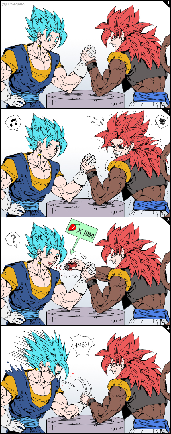 &gt;_&lt; ? aqua_eyes aqua_hair arm_wrestling beamed_eighth_notes blue_eyes cheating_(competitive) clenched_teeth comic dougi dragon_ball dragon_ball_gt dragon_ball_super earrings flying_sweatdrops gloves gogeta highres jewelry kim_yura_(goddess_mechanic) medium_hair monkey_tail motion_lines muscle musical_note open_mouth pepper pepper_shaker potara_earrings red_hair smile sneezing spoken_musical_note spoken_question_mark squiggle super_saiyan_4 super_saiyan_blue tail teeth trembling twitter_username vegetto vest white_gloves