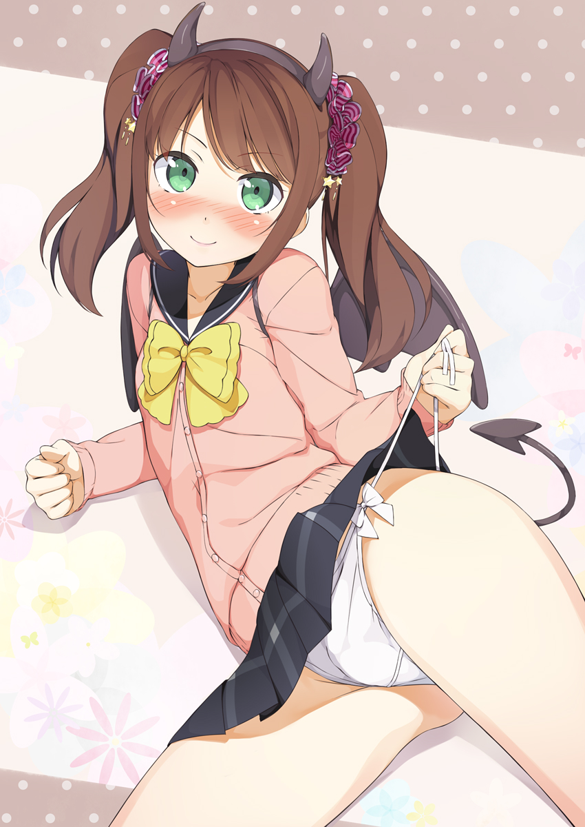 ass_visible_through_thighs bangs black_hairband blush bow brown_hair cardigan closed_mouth commentary crossdressing demon_horns demon_tail demon_wings erection erection_under_clothes eyebrows_visible_through_hair fake_horns green_eyes hair_ornament hair_scrunchie hairband headband highres horns idolmaster idolmaster_side-m jacket looking_at_viewer lying male_focus miniskirt mizushima_saki on_side otoko_no_ko panties panty_pull pink_cardigan pleated_skirt school_uniform scrunchie serafuku skirt smile solo string_panties tail thighs tsubure_manjuu twintails underwear upskirt wings yellow_bow