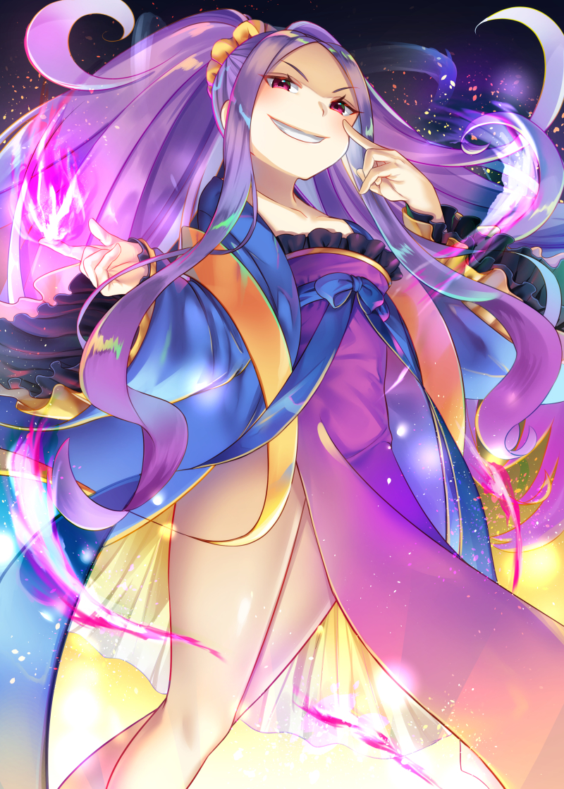 blue_ribbon chinese_clothes commentary_request fate/grand_order fate_(series) gakuon_(gakuto) grin hair_ornament hair_scrunchie long_hair long_sleeves looking_at_viewer pantyhose pink_eyes purple_hair ribbon scrunchie smile solo wide_sleeves wu_zetian_(fate/grand_order) yellow_scrunchie